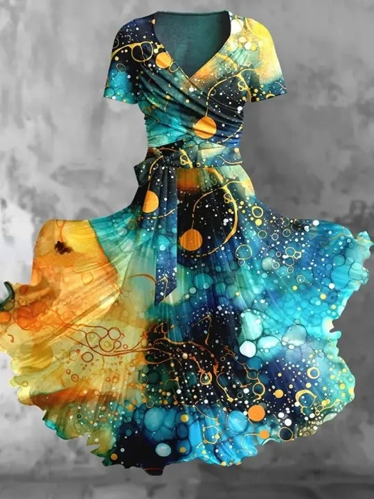 Gold Foil Tie-Dye Art Print Elegant Vintage Chic V-Neck Short Sleeve Two Piece Midi Dress