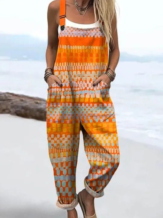 Women's Abstract Geometric Pattern Art Print Casual 100% Cotton Wide Leg Jumpsuit