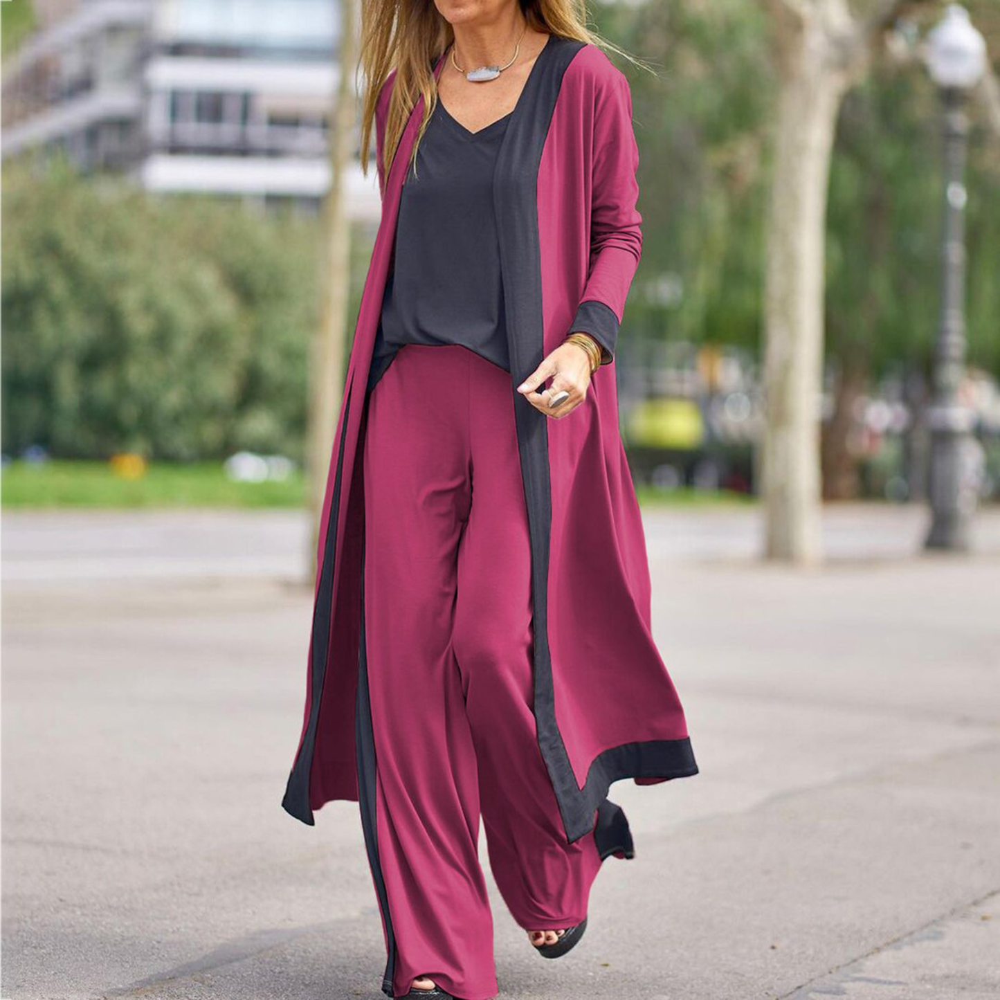 Color Block Casual Three-piece Set, Open Front Long Sleeve Cardigan & V Neck Tops & Wide Leg Pants Outfits, Women's Clothing
