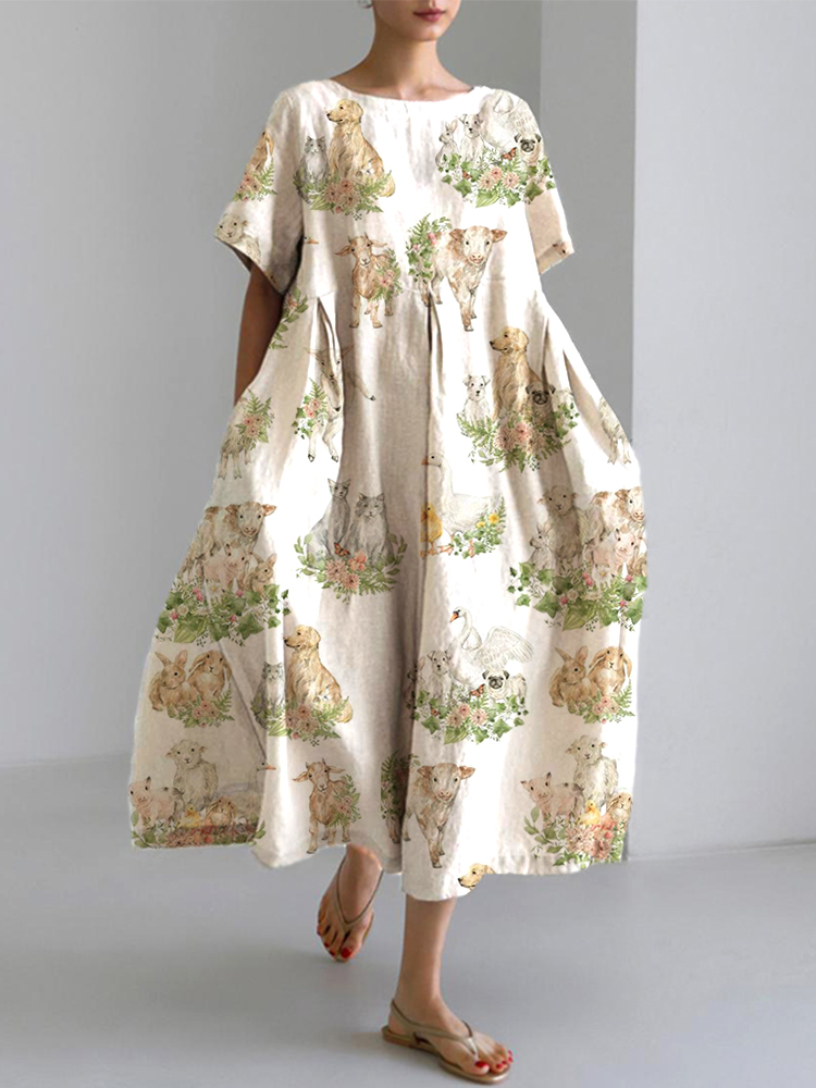 Cute Animal Family Print Print Cotton Blend Dress