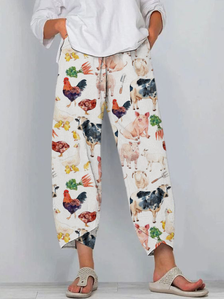 Farm Animal Family Pattern Women's Linen Trousers