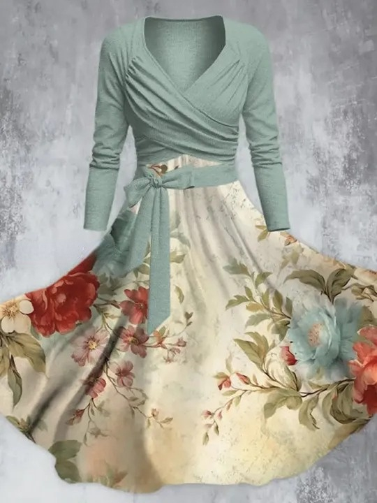 Vintage Elegant Flower Print V-Neck Long Sleeve Straps Midi Dress