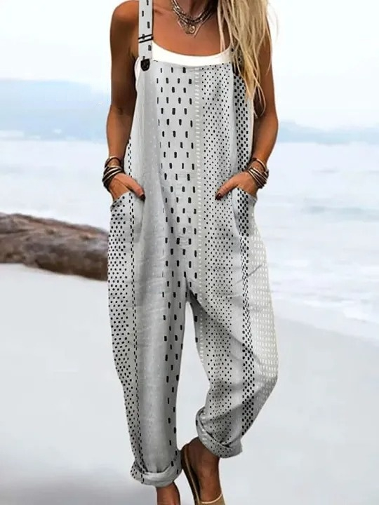 Women's Vintage Abstract Geometric Lines Print Casual 100% Cotton Wide Leg Jumpsuit
