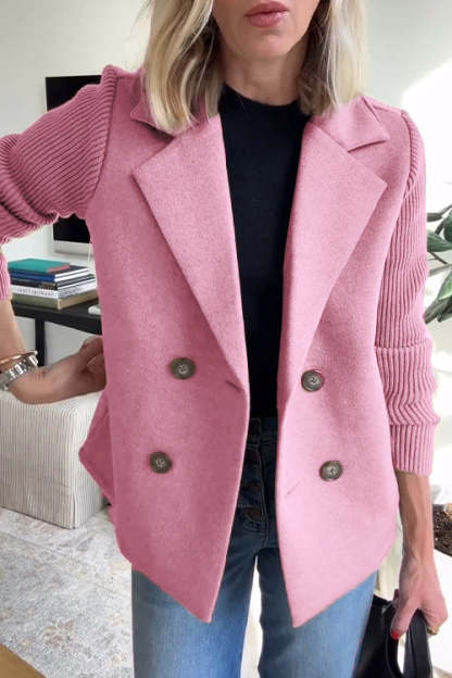 Women's Lapel Button Knitted Sleeve Casual Coat with Two Side Pockets
