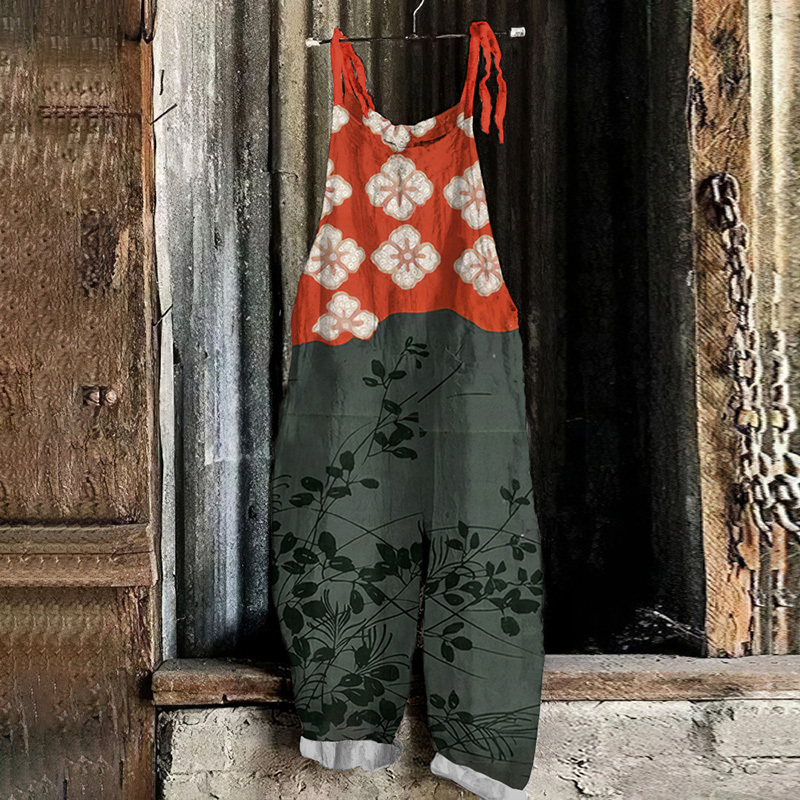 Japanese Art Flower Print Casual Jumpsuit