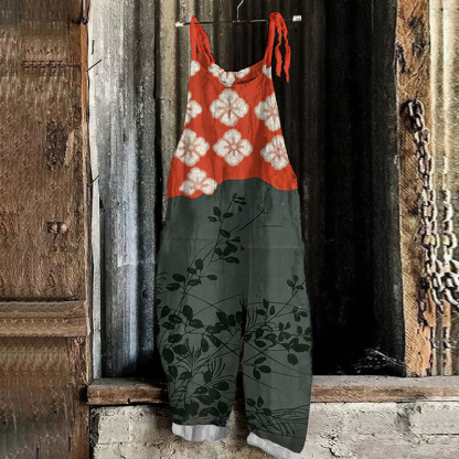 Japanese Art Flower Print Casual Jumpsuit