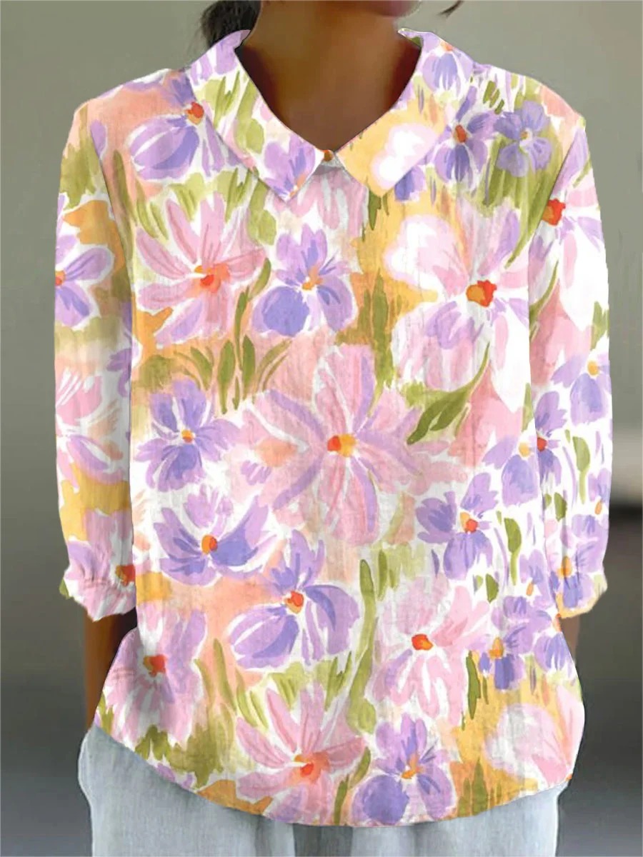Women's Vintage Floral Art Print Casual Cotton And Linen 3/4 Sleeve Shirt