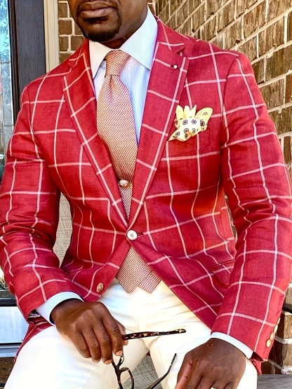 Men's Casual Windowpane Suit, Red & White Checkered Pattern Blazer, British Gentleman Grid Print Jacket, Lightweight Business Style
