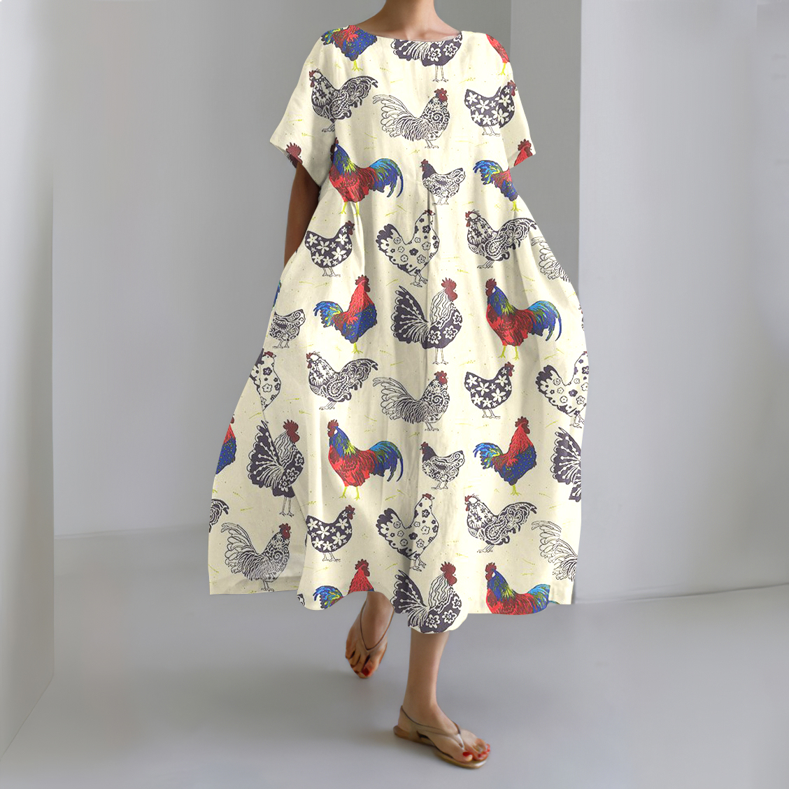 Retro Chicken Flower Art Linen Blend Maxi Dress