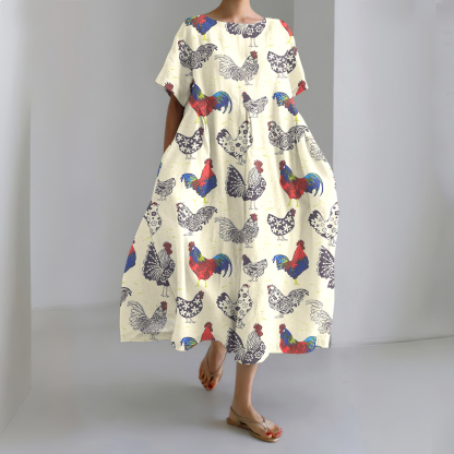 Retro Chicken Flower Art Linen Blend Maxi Dress