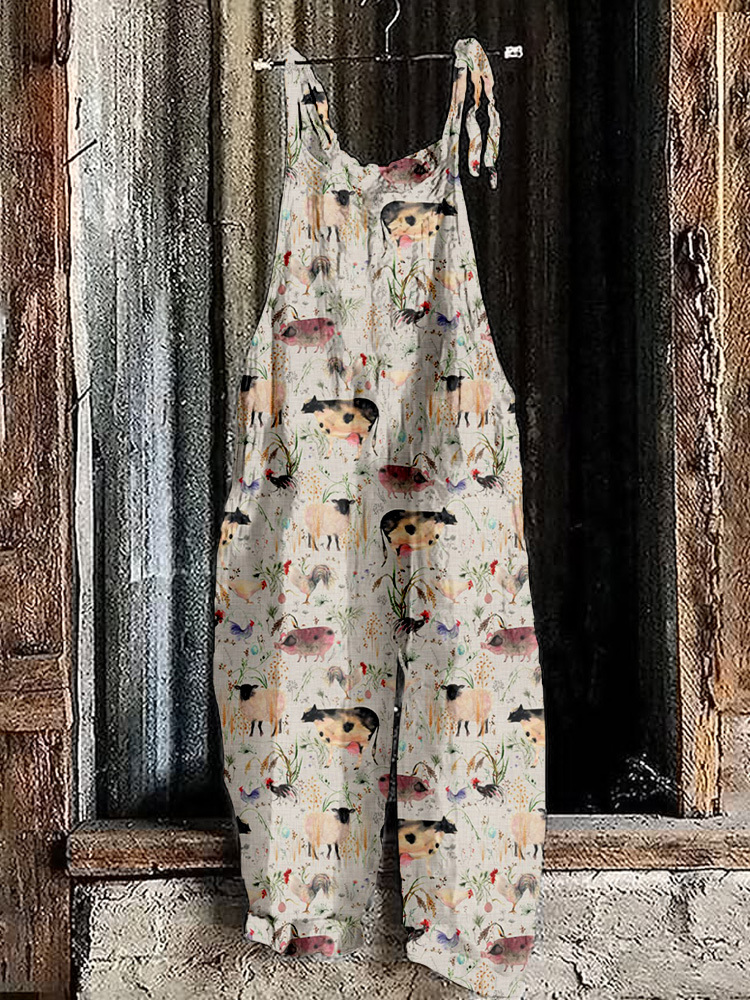 Farm Animals Graphic Vintage Loose Fit Jumpsuit