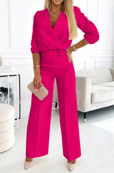 Women's solid color v-neck two-button 2-piece trouser suit