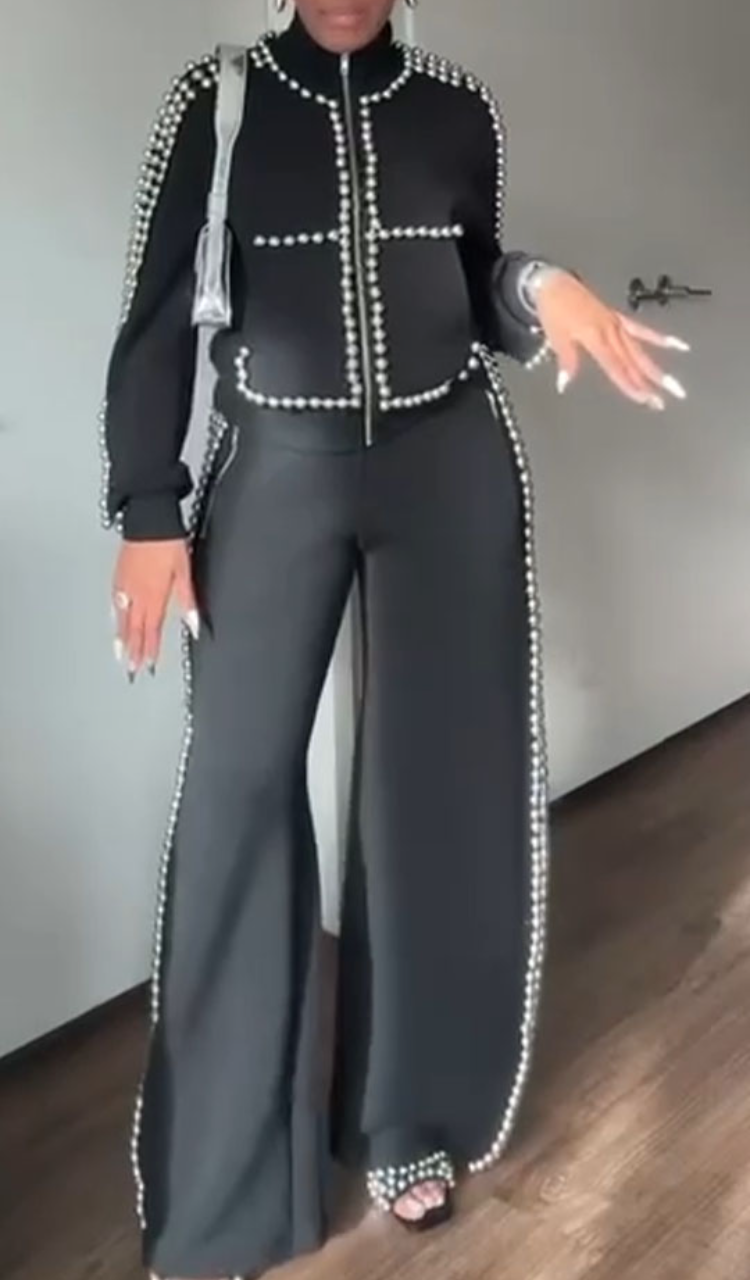 Women High Neck Round Bead Decorative Jacket+ Pants Temperament Casual Suit