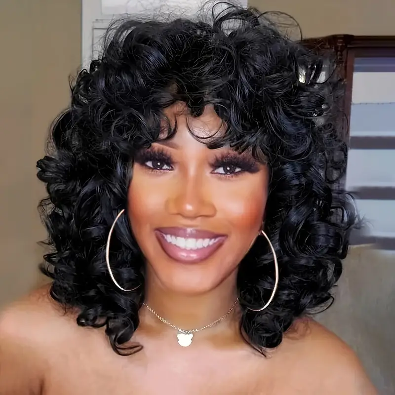 14inch short bob deep wave hair wigs with bangs for women synthetic fiber hair wigs hair replacement wigs details 1