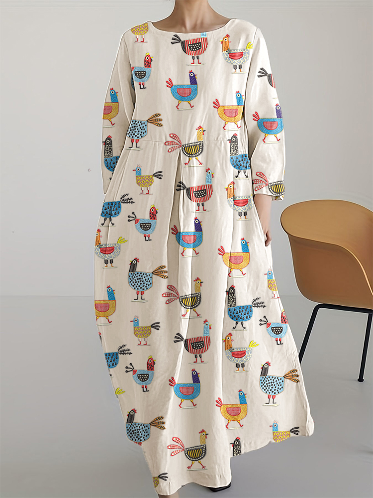 Funny Chicken Embroidery Pattern Linen Blend Long Sleeve Dress