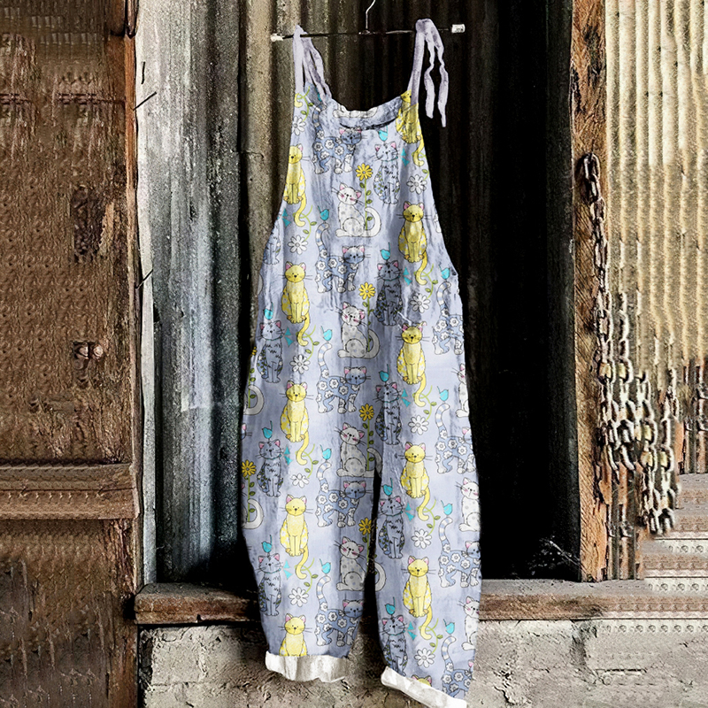Retro Farm Kitten Floral Printed Casual Jumpsuit