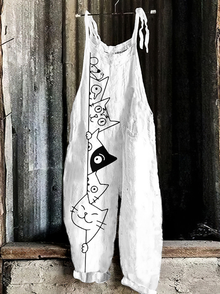 Vintage Cute Cats Linen Blend Loose Casual Jumpsuit