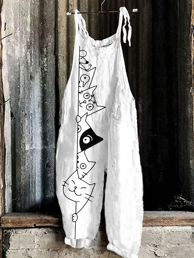 Vintage Cute Cats Linen Blend Loose Casual Jumpsuit