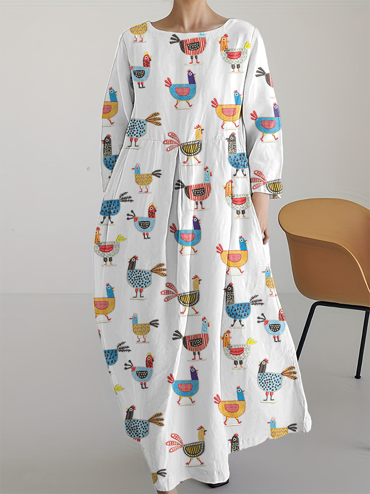 Funny Chicken Embroidery Pattern Linen Blend Long Sleeve Dress