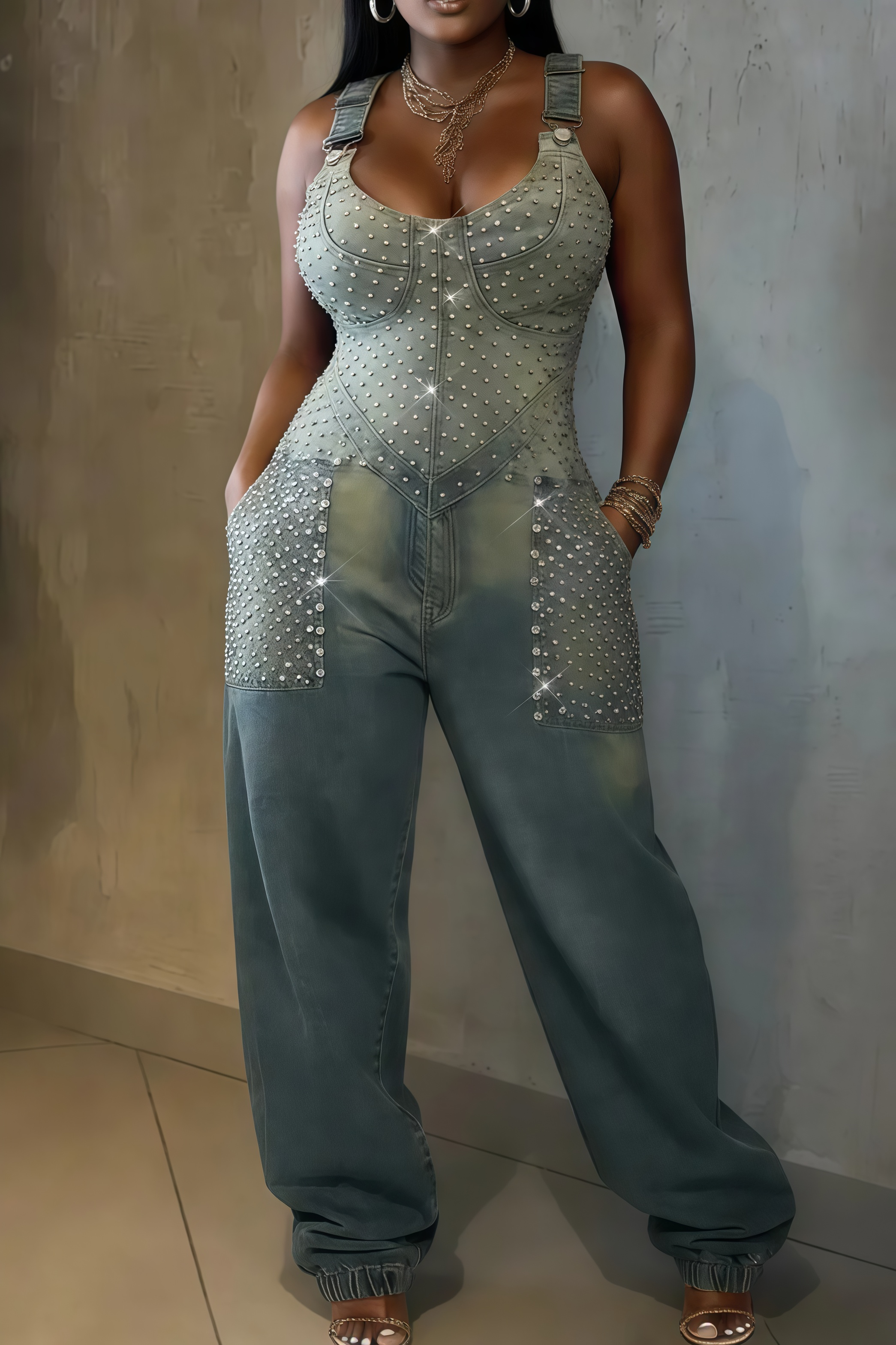 Rhinestone Studded Denim Overalls Jumpsuit