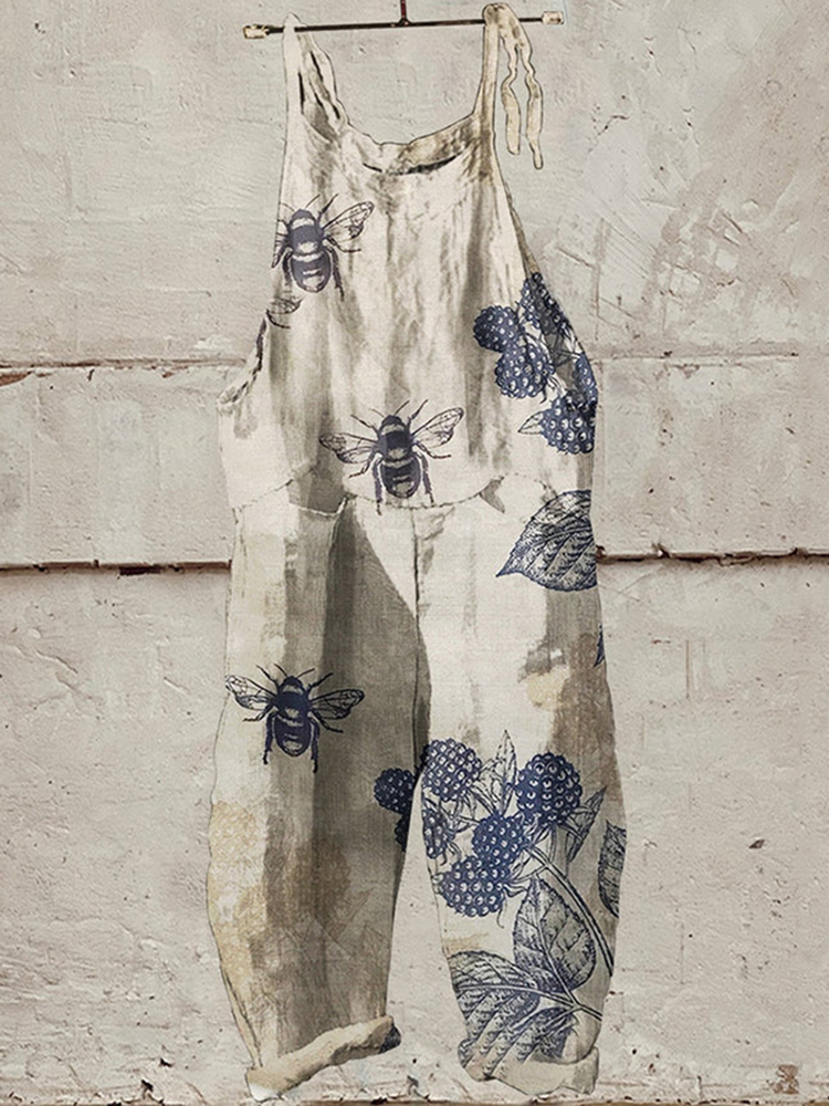 Women's Bee Art Print Linen Blend Loose Fit Comfy Jumpsuit