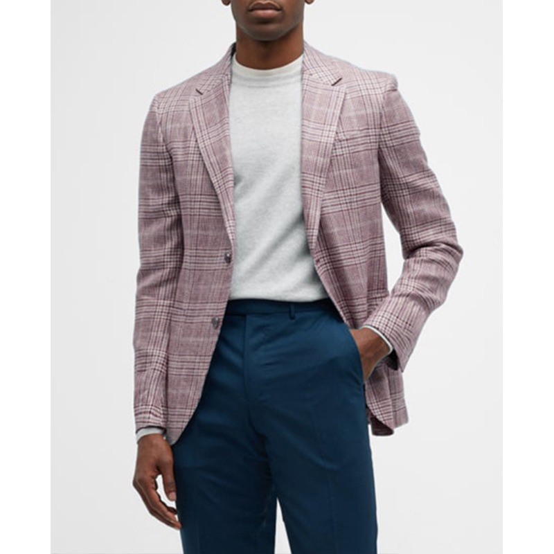 Men's Casual Windowpane Suit, Red & White Checkered Pattern Blazer, British Gentleman Grid Print Jacket, Lightweight Business Style