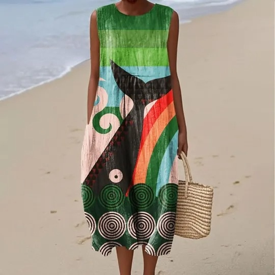 Women's Abstract Colorful Sea Whale Art Print Sleeveless Cotton Pocket Wrap Dress