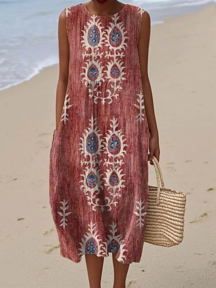Women's Vintage Ethnic Pattern Art Print Sleeveless Cotton Pocket Wrap Dress
