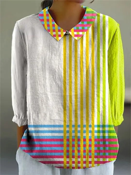 Women's Simple Colorful Stripe Art Print Casual Cotton And Linen 3/4 Sleeve Shirt