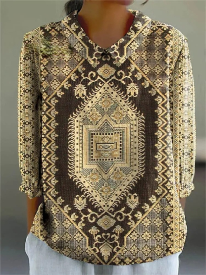 Women's Vintage Ethnic Pattern Art Print Casual Cotton And Linen 3/4 Sleeve Shirt