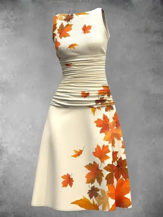 Maple Leaf Print Sleeveless Retro Midi Dress