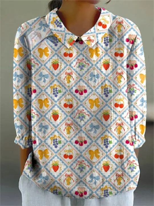 Lovely Coquette Fruit Pattern Printed Women's Casual Cotton And Linen 3/4 Sleeve Shirt