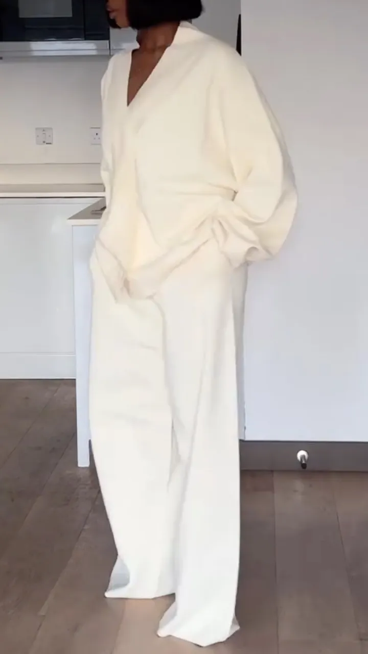 Womens V-neck Coat+ Pants Loose Casual Set