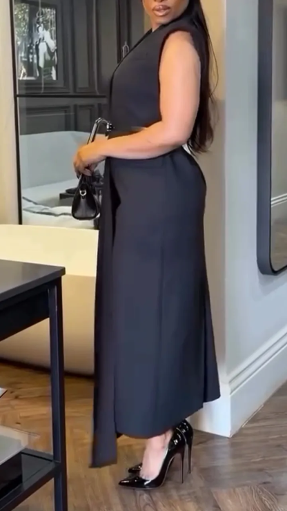 Women V-neck Solid Color Casual Dress with Temperament