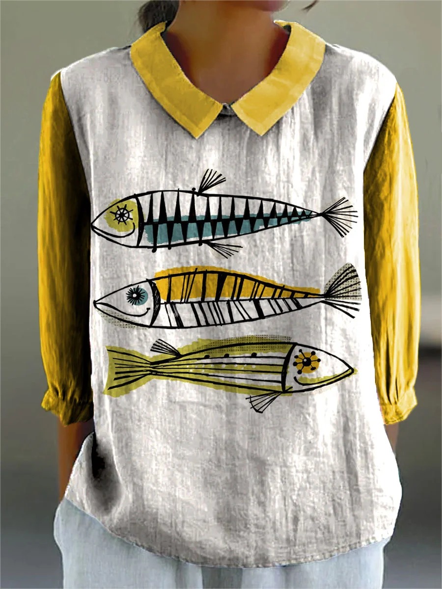 Women's Vintage Fish Art Print Casual Cotton And Linen 3/4 Sleeve Shirt
