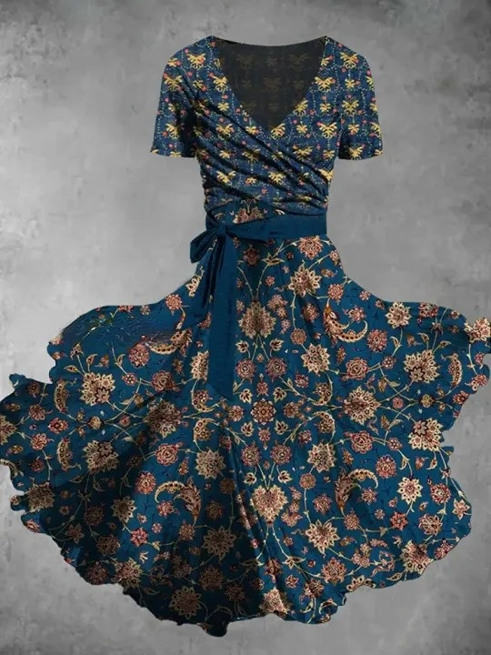 Retro Bohemian Style Floral Art Print V-Neck Short-Sleeved Two-Piece Mid-Length Dress