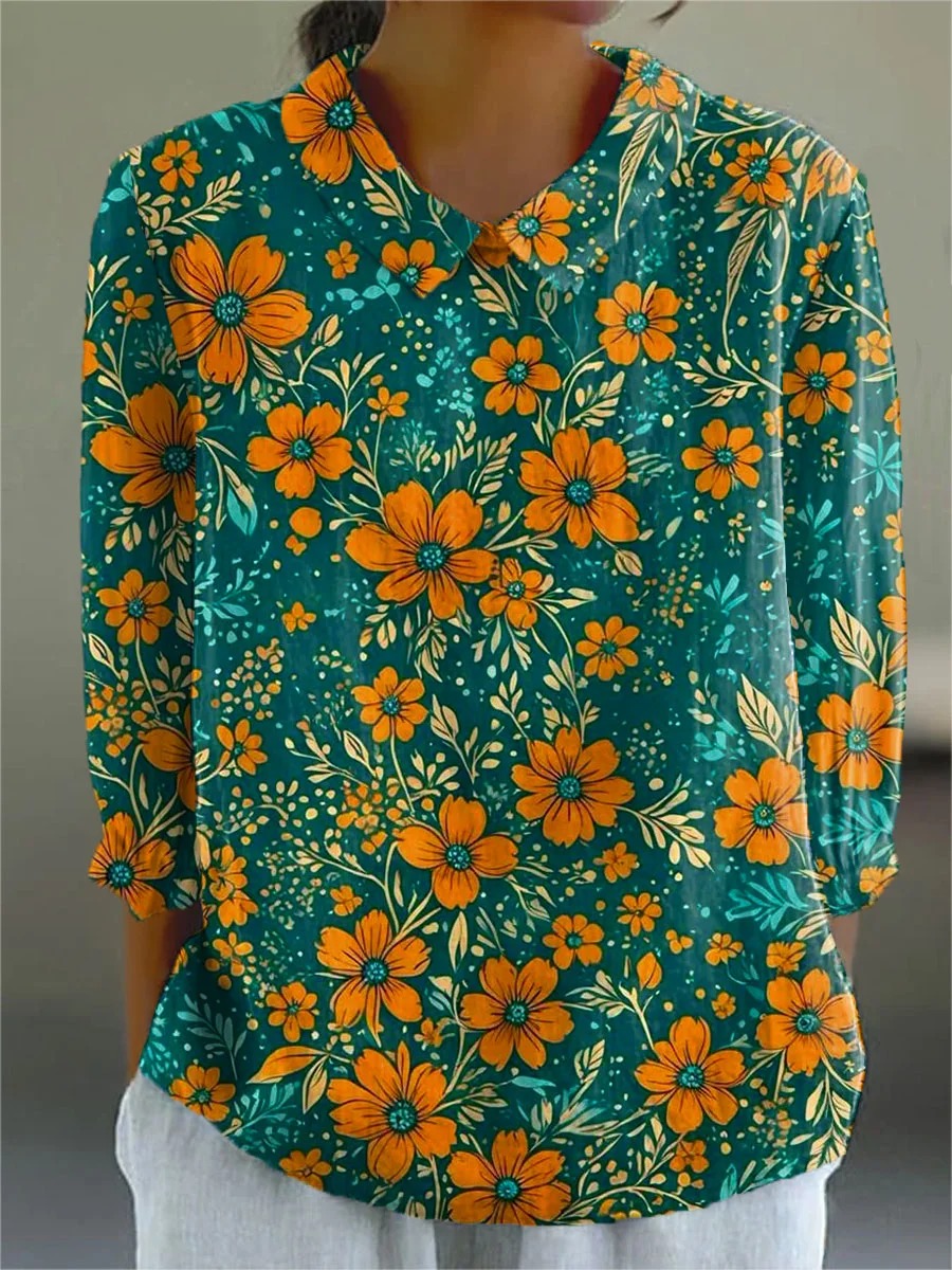 Women's Vintage Floral Art Print Casual Cotton And Linen 3/4 Sleeve Shirt