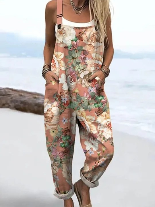 Women's Lovely Floral Art Print Casual 100% Cotton Wide Leg Jumpsuit