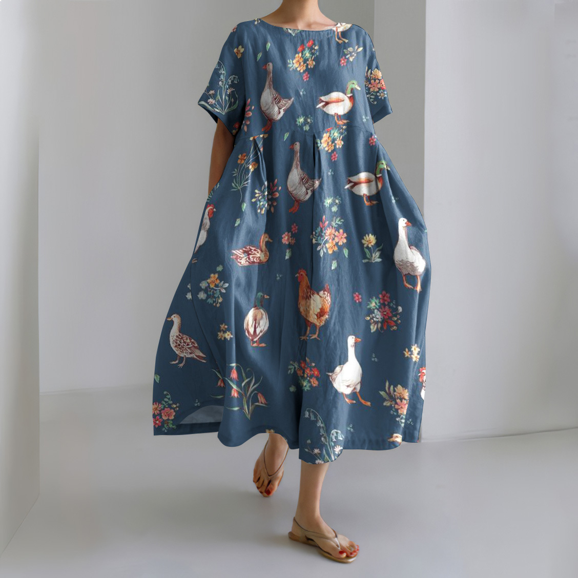 Farm Animal Print Short Sleeve Loose Midi Dress