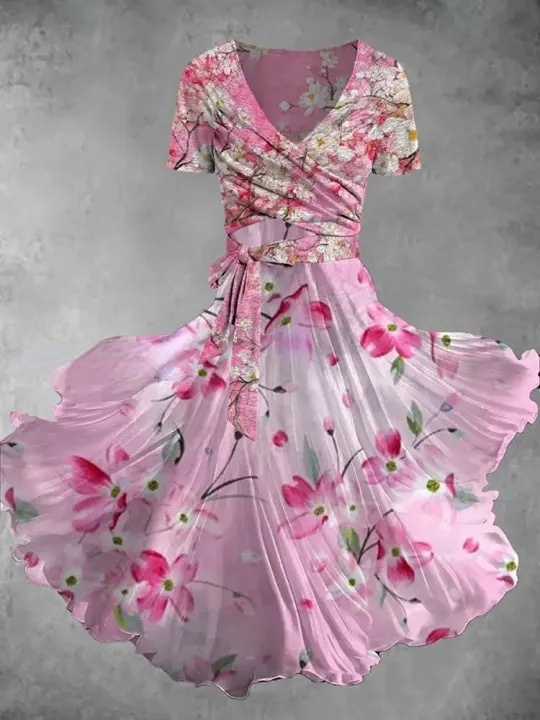 Retro Bohemian Style Floral Art Print V-Neck Short-Sleeved Two-Piece Mid-Length Dress