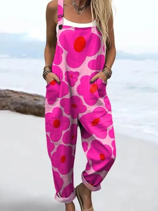 Women's Lovely Floral Pattern Art Print Casual 100% Cotton Wide Leg Jumpsuit