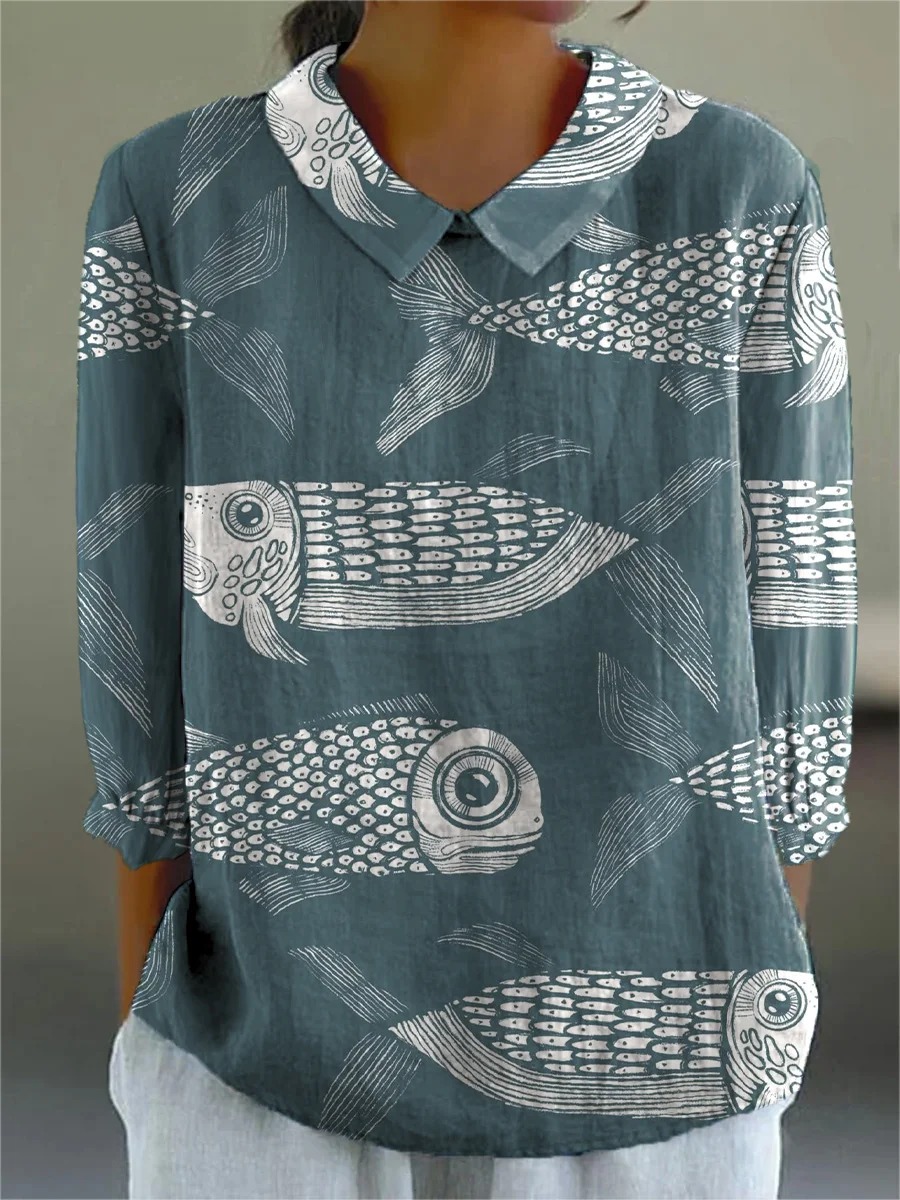 Summer Sea Fish Pattern Printed Women's Casual Cotton And Linen 3/4 Sleeve Shirt