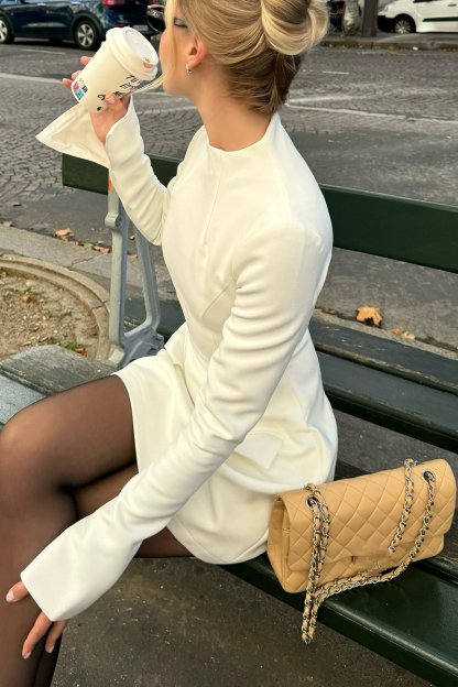 Women Round Neck Solid Color Splicing Elegant Temperament Dress