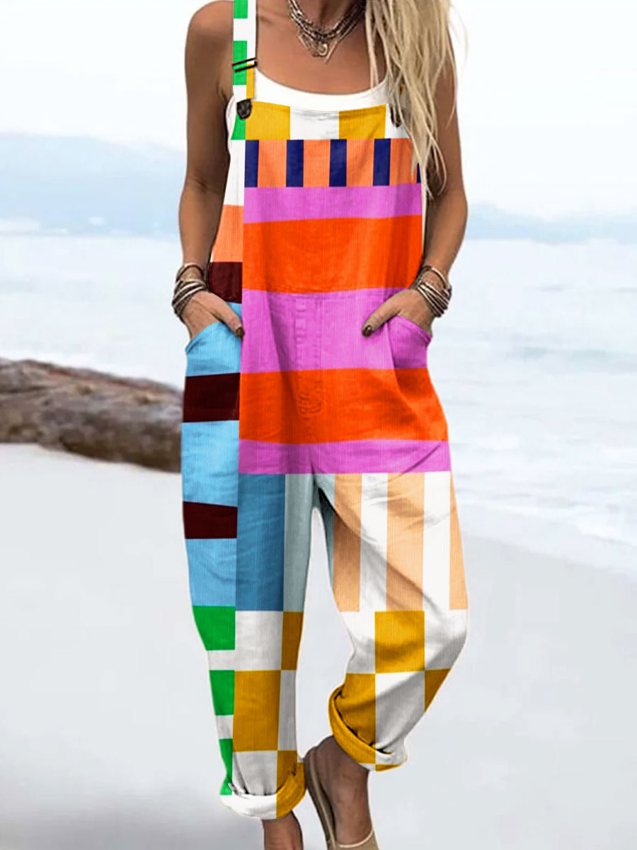 Women's Abstract Art Print Casual Cotton Wide Leg Jumpsuit