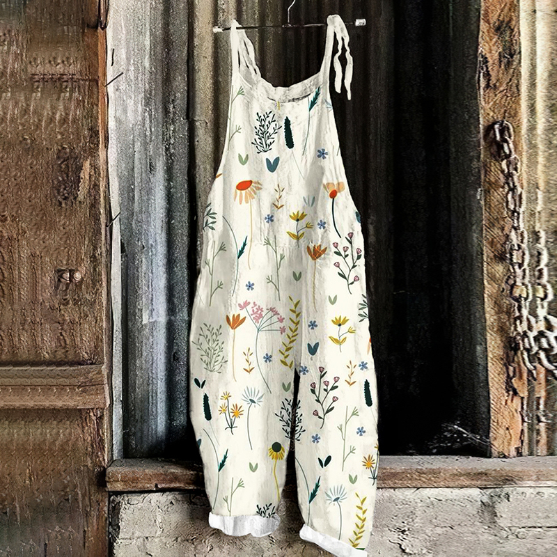 Vintage Floral Linen Blend Loose Casual Jumpsuit