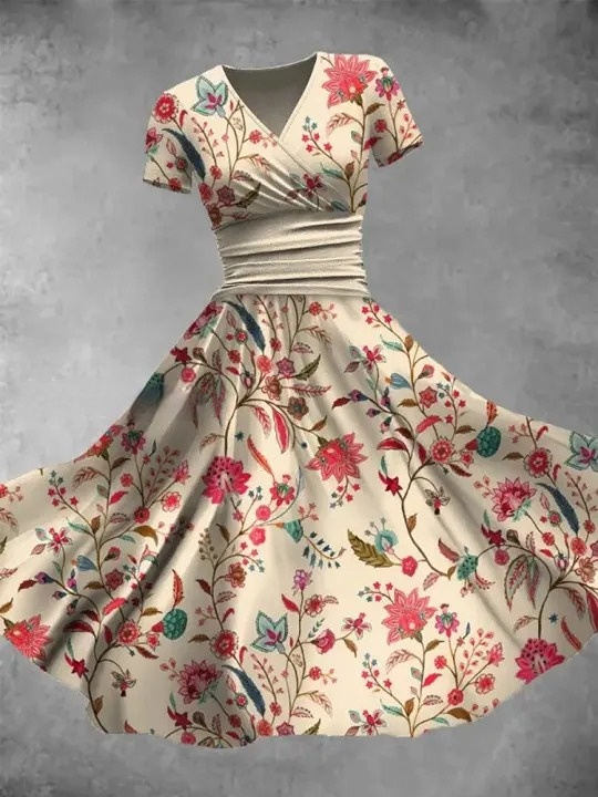Floral Art Print V-Neck Short Sleeve Retro Midi Dress