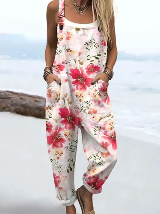 Women's  Vintage Flowers Art Print Casual 100% Cotton Wide Leg Jumpsuit