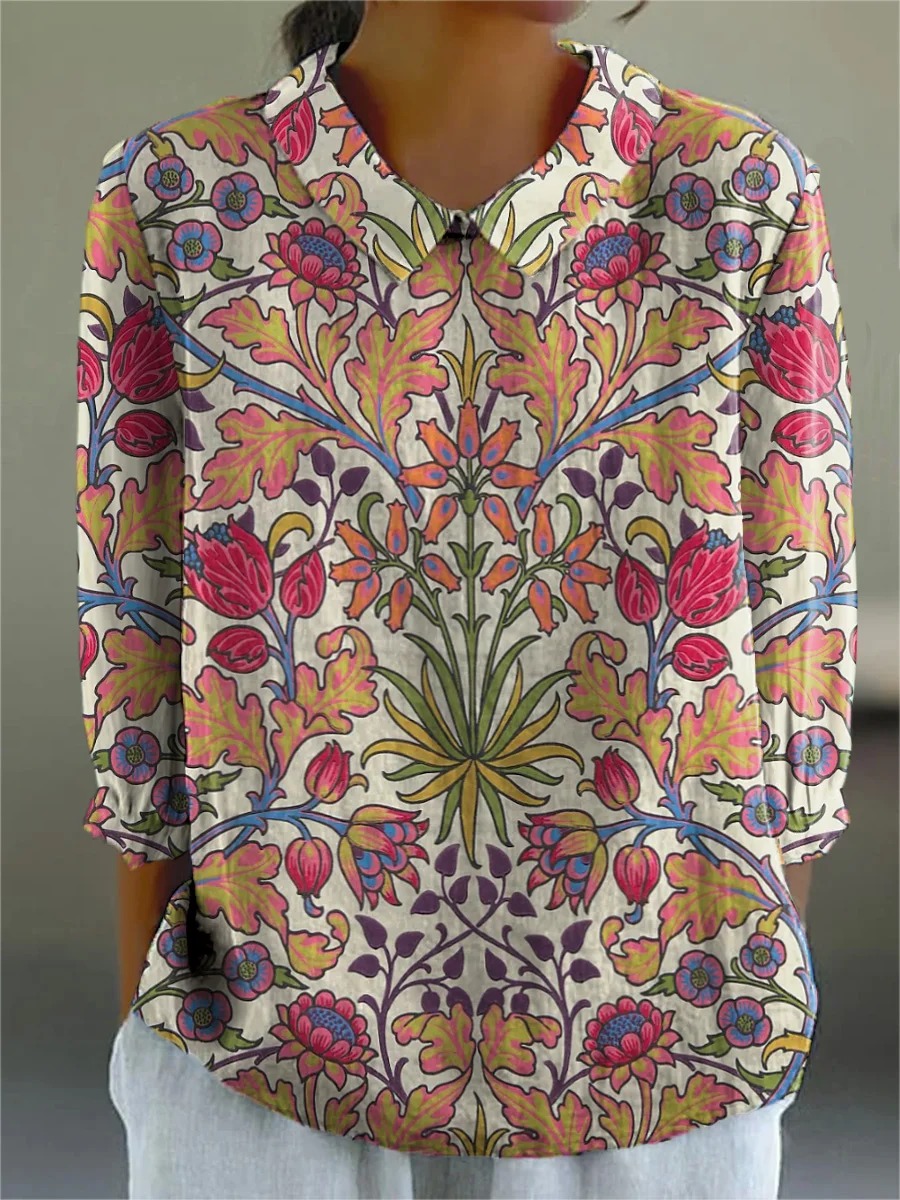 Vintage Floral Symmetrical Pattern Printed Women's Casual Cotton And Linen 3/4 Sleeve Shirt