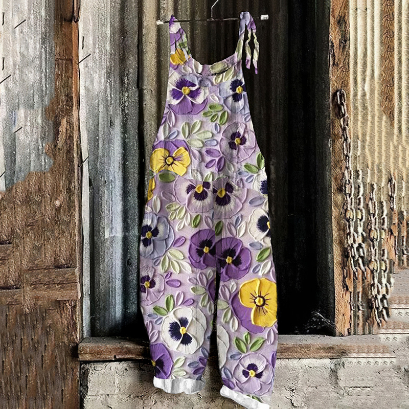 Vintage Watercolor Purple Floral Art Linen Blend Loose Casual Jumpsuit