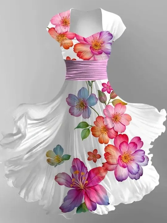 Floral Art Print V-Neck Vintage Chic Short Sleeve Midi Dress